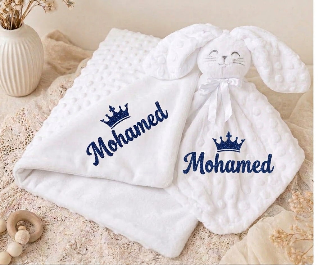 Ensemble Coffret Naissance Royale — Couverture & Doudou Lapin Personnalisés
